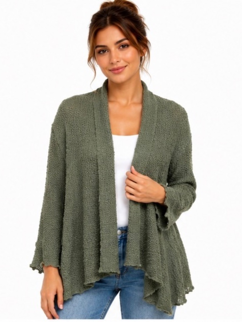 CMC Women's Medium 100% Cotton Olive Green Open Front Cardigan